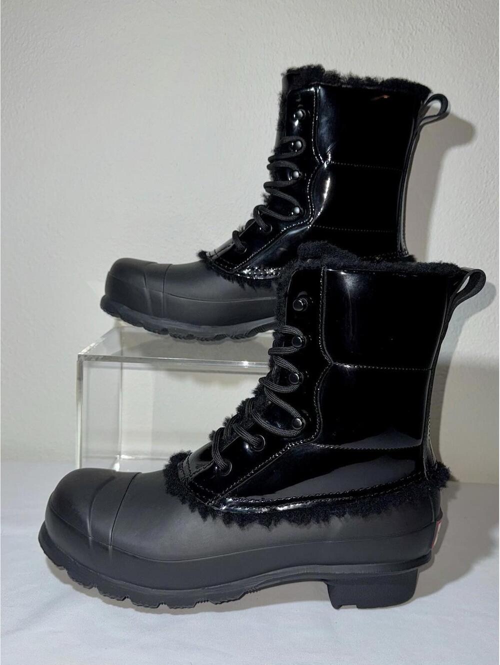 HUNTER Original Patent Leather Lace Up Shearling Lined Rain Boots WOMENS Size 6